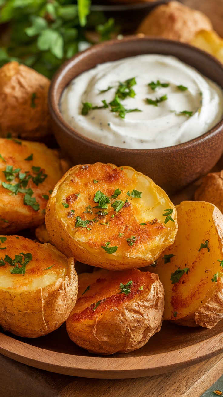 Crispy ranch potatoes in a bowl garnished with parsley, with a side of ranch dip.